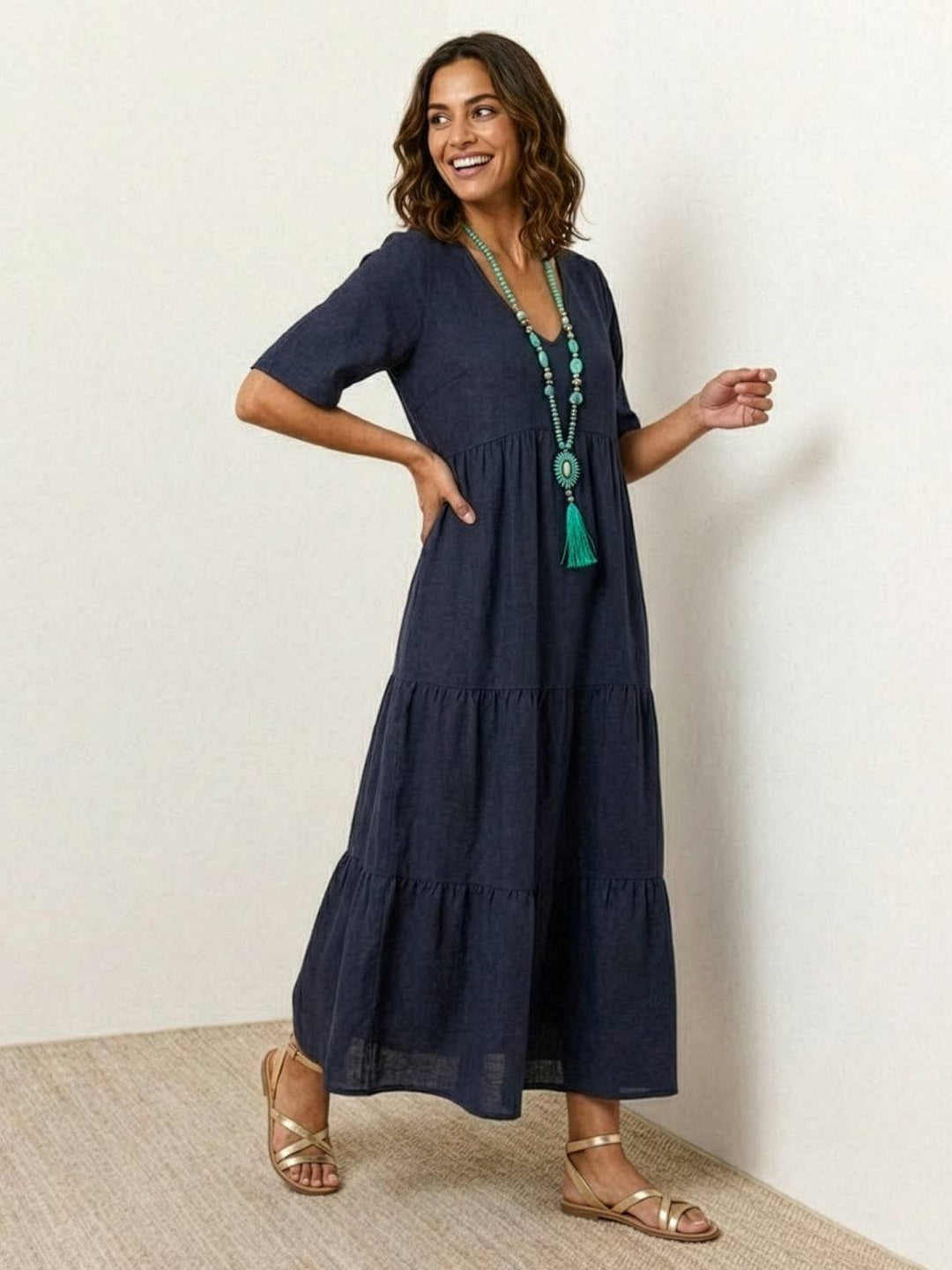 Siena | Damen Boho Maxikleid V-Ausschnitt Stufenrock Kurzarm