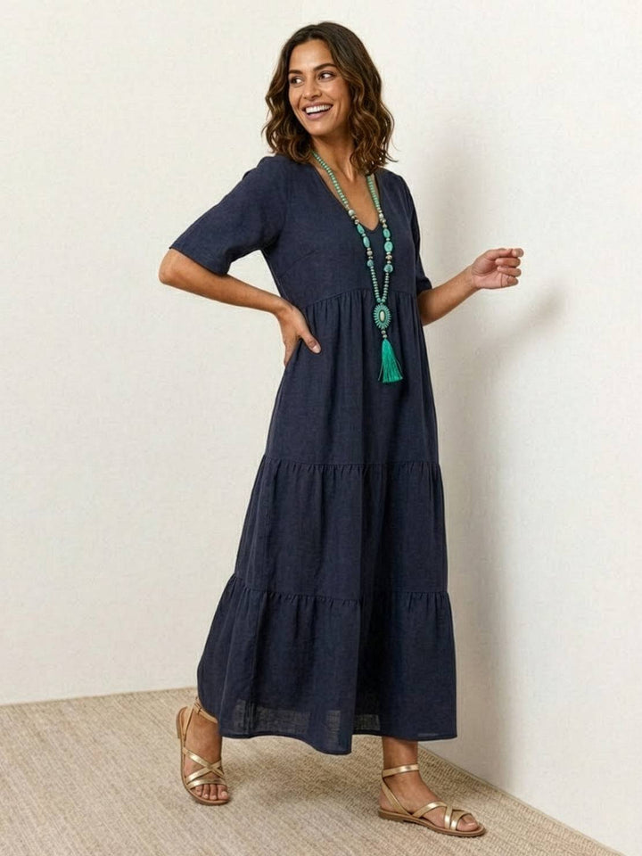 Siena | Damen Boho Maxikleid V-Ausschnitt Stufenrock Kurzarm