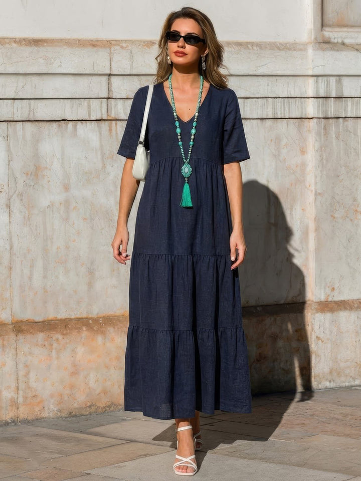 Siena | Damen Boho Maxikleid V-Ausschnitt Stufenrock Kurzarm