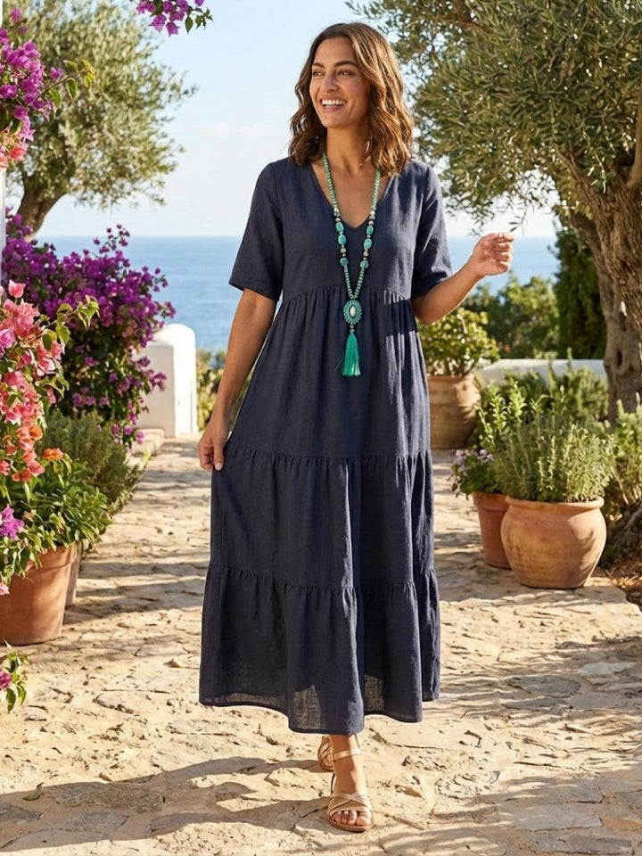 Siena | Damen Boho Maxikleid V-Ausschnitt Stufenrock Kurzarm