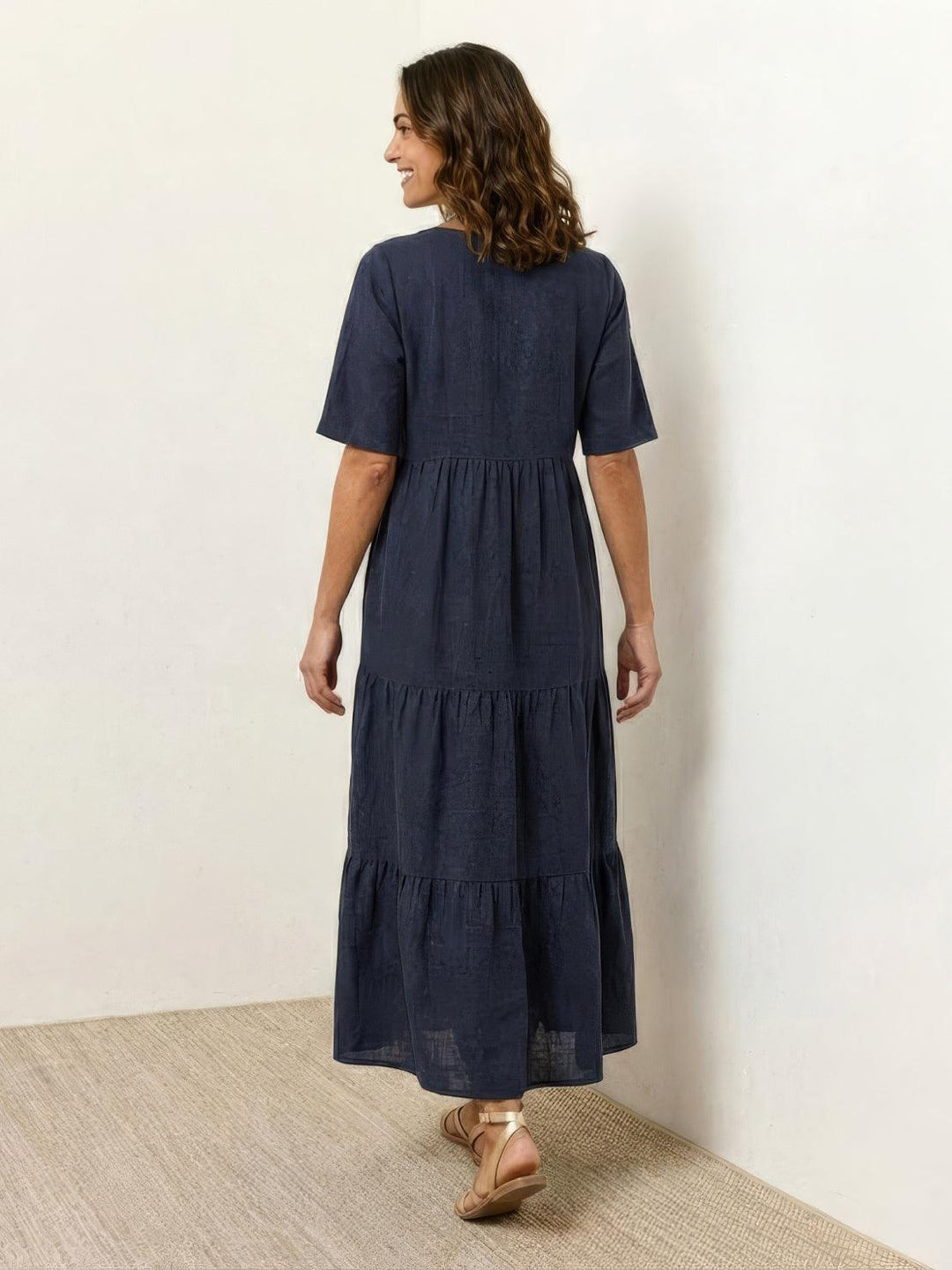 Siena | Damen Boho Maxikleid V-Ausschnitt Stufenrock Kurzarm