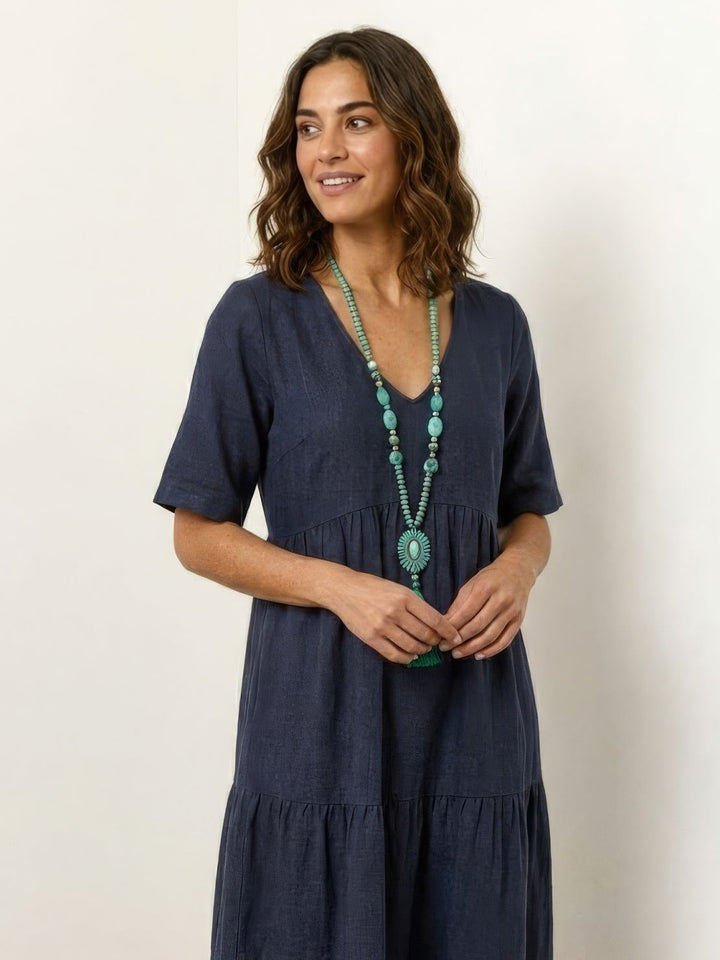 Siena | Damen Boho Maxikleid V-Ausschnitt Stufenrock Kurzarm