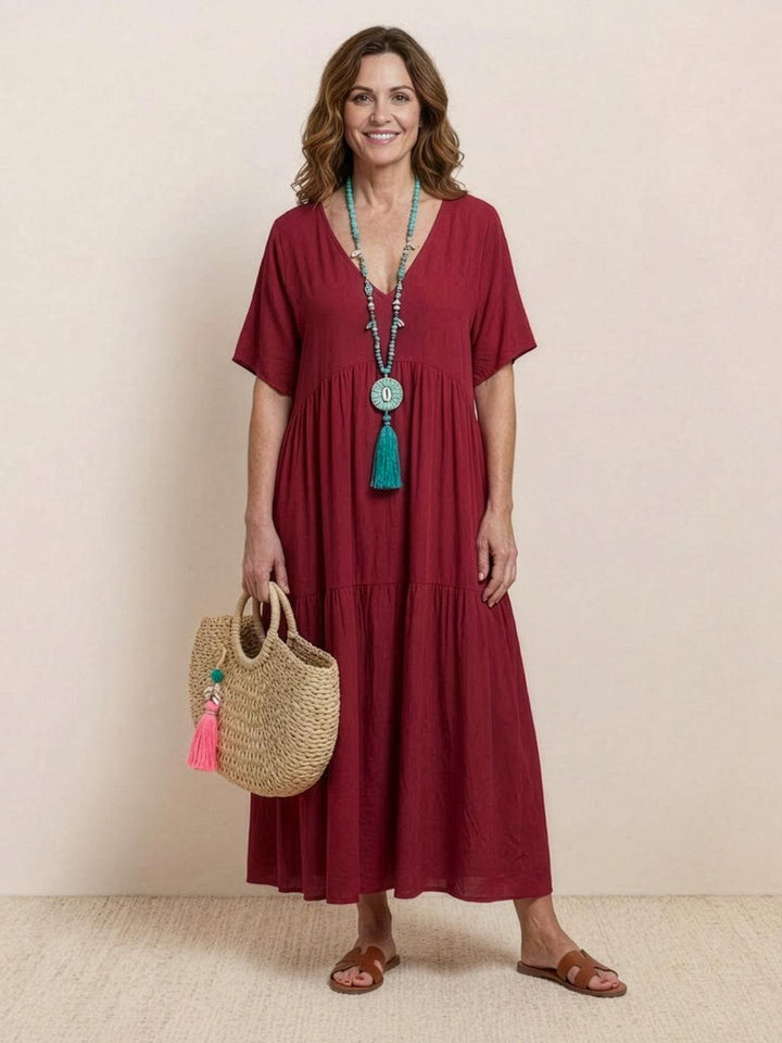 Siena | Damen Boho Maxikleid V-Ausschnitt Stufenrock Kurzarm