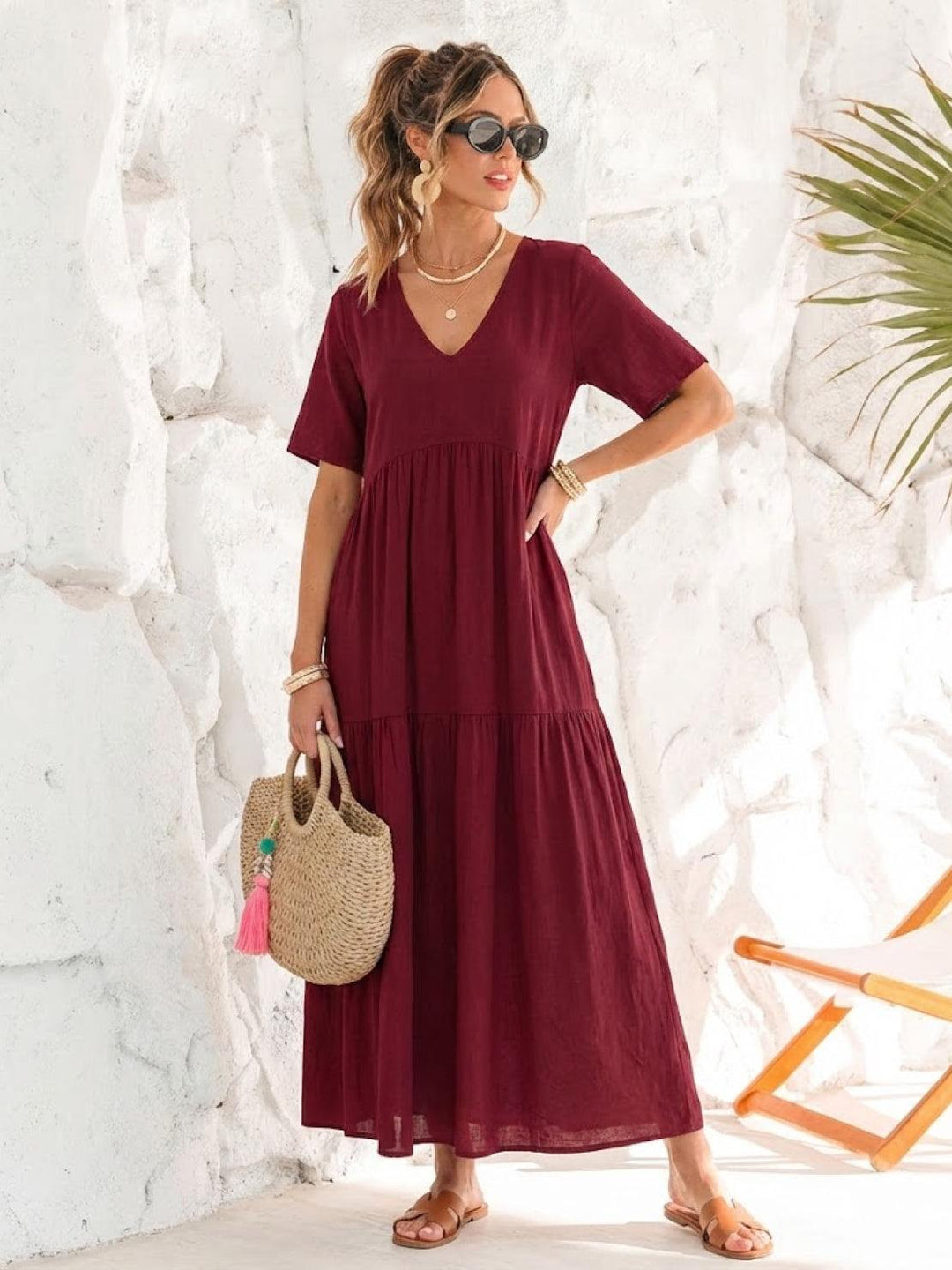 Siena | Damen Boho Maxikleid V-Ausschnitt Stufenrock Kurzarm