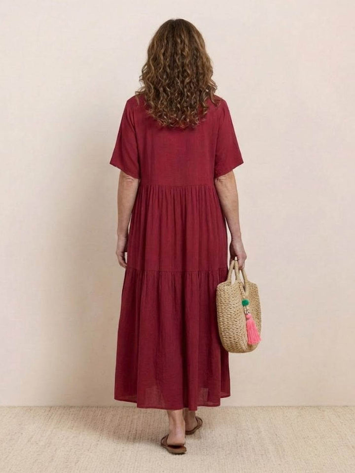 Siena | Damen Boho Maxikleid V-Ausschnitt Stufenrock Kurzarm