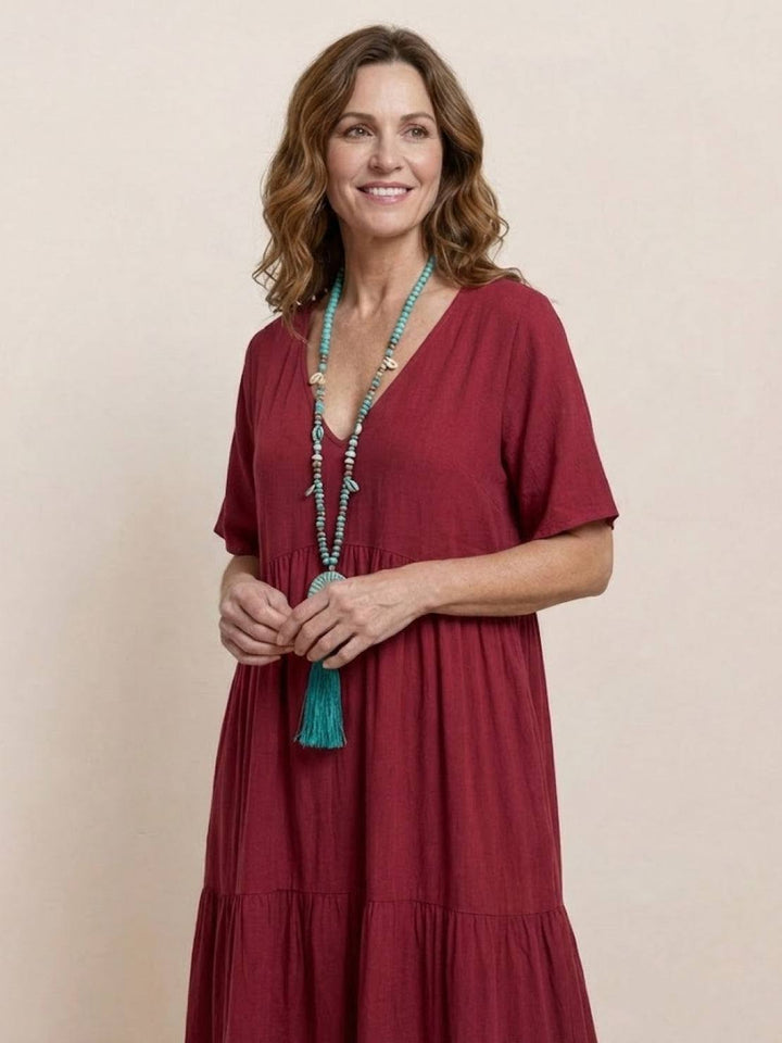 Siena | Damen Boho Maxikleid V-Ausschnitt Stufenrock Kurzarm