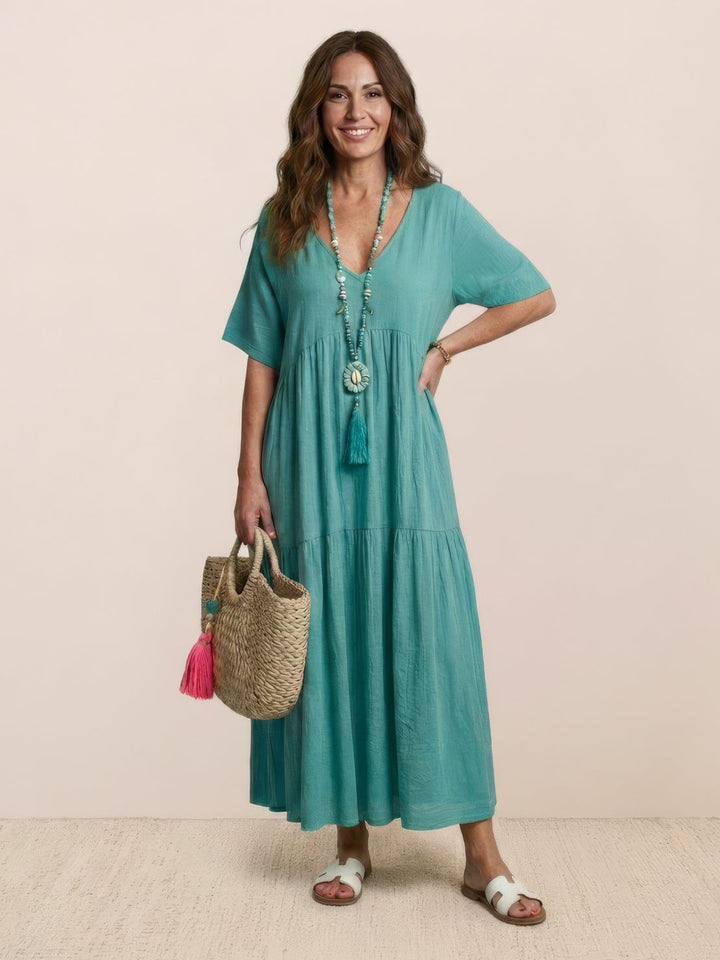 Siena | Damen Boho Maxikleid V-Ausschnitt Stufenrock Kurzarm