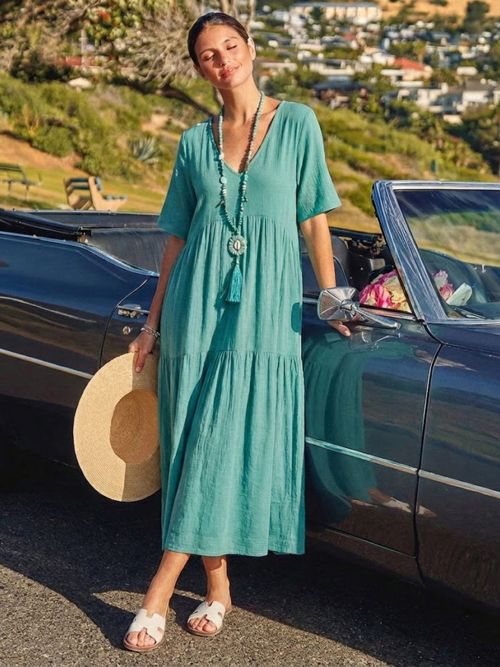 Siena | Damen Boho Maxikleid V-Ausschnitt Stufenrock Kurzarm