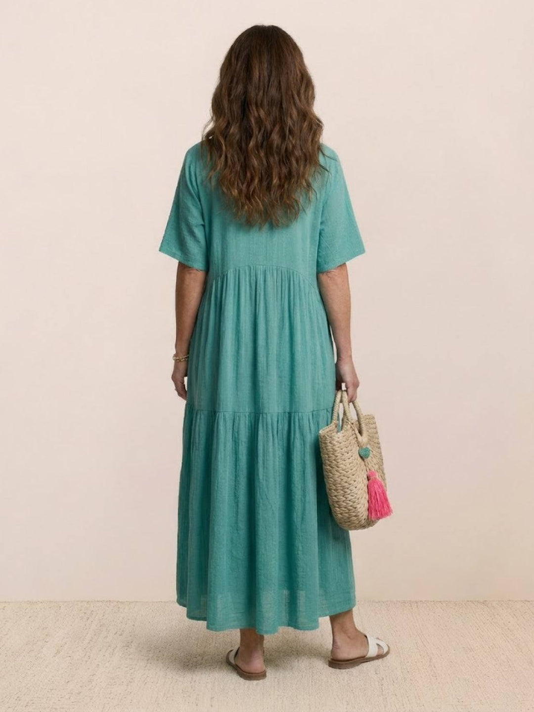 Siena | Damen Boho Maxikleid V-Ausschnitt Stufenrock Kurzarm