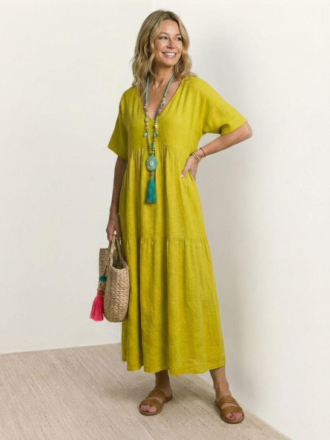 Siena | Damen Boho Maxikleid V-Ausschnitt Stufenrock Kurzarm