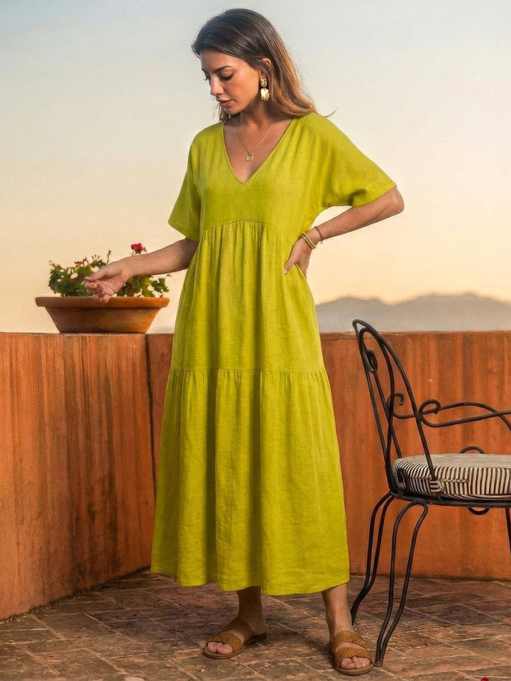 Siena | Damen Boho Maxikleid V-Ausschnitt Stufenrock Kurzarm