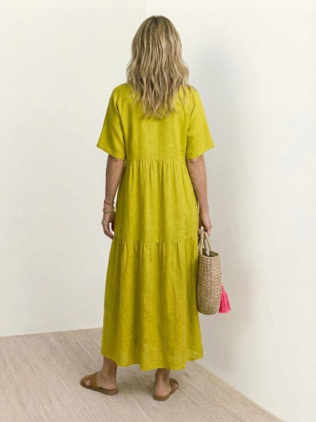 Siena | Damen Boho Maxikleid V-Ausschnitt Stufenrock Kurzarm