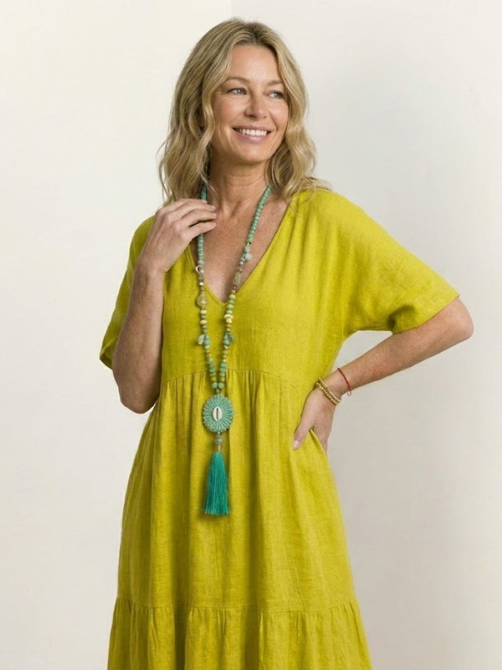 Siena | Damen Boho Maxikleid V-Ausschnitt Stufenrock Kurzarm
