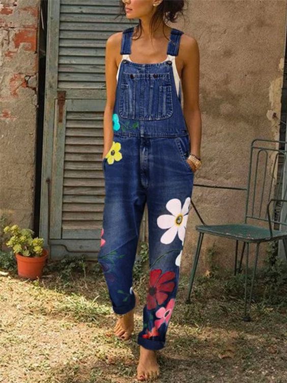 Mila | Damen Denim Latzhose mit Blumenmuster Jeans Overall