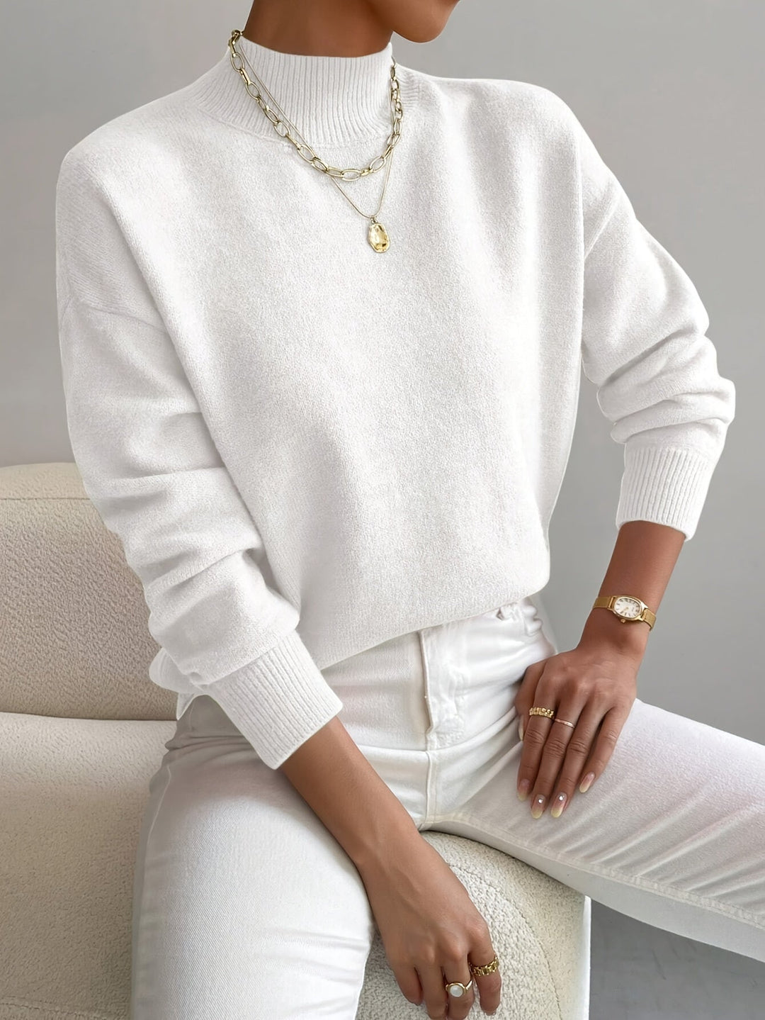 Valdborg | Damen Strickpullover mit Stehkragen - White - Image 1