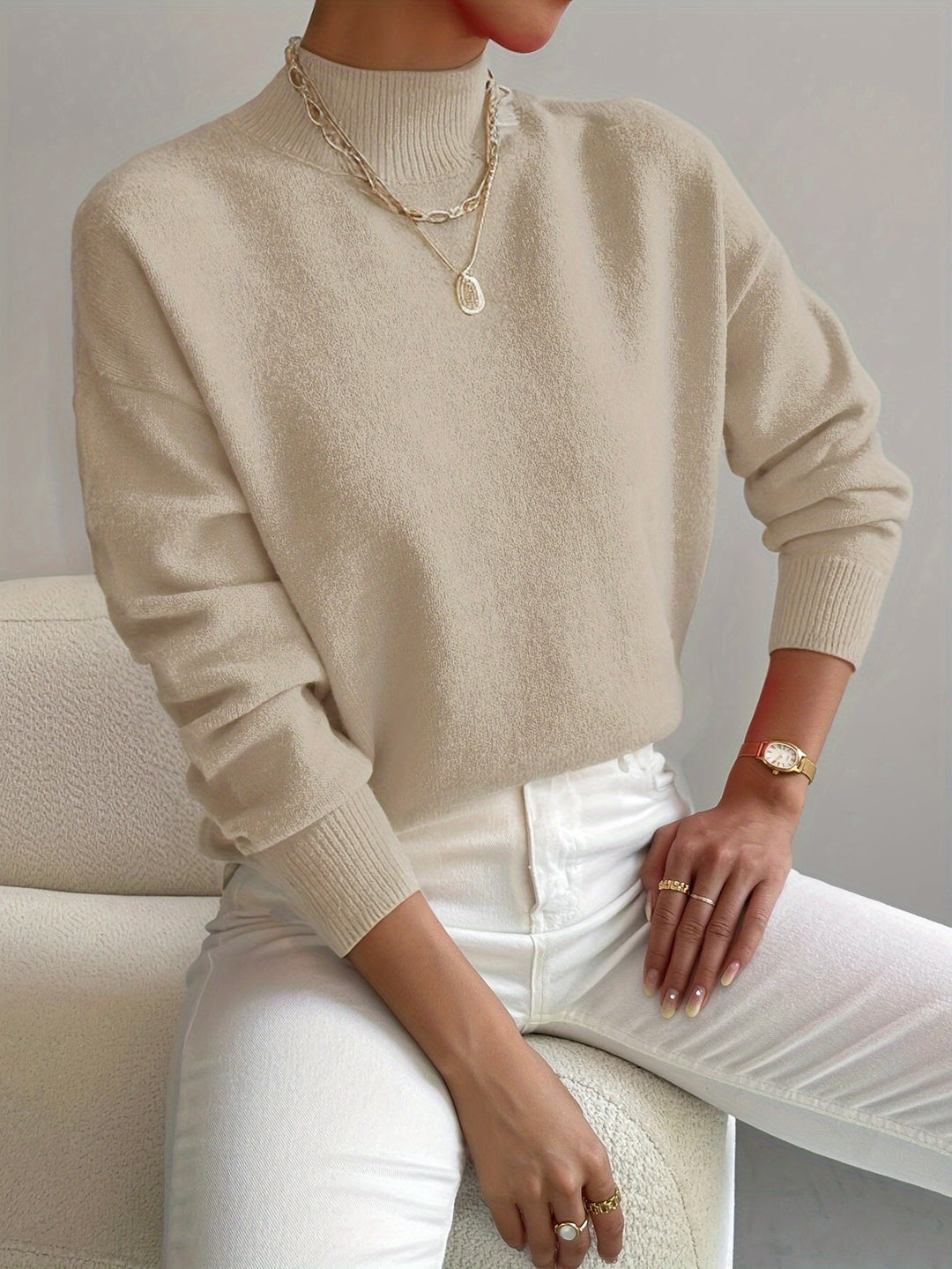 Valdborg | Damen Strickpullover mit Stehkragen - White - Image 4