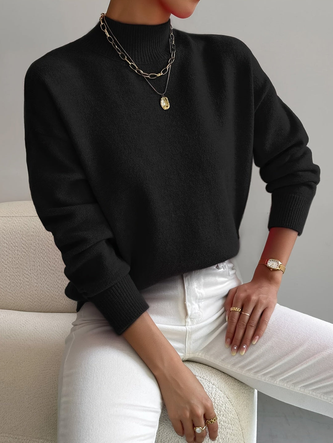 Valdborg | Damen Strickpullover mit Stehkragen - White - Image 5
