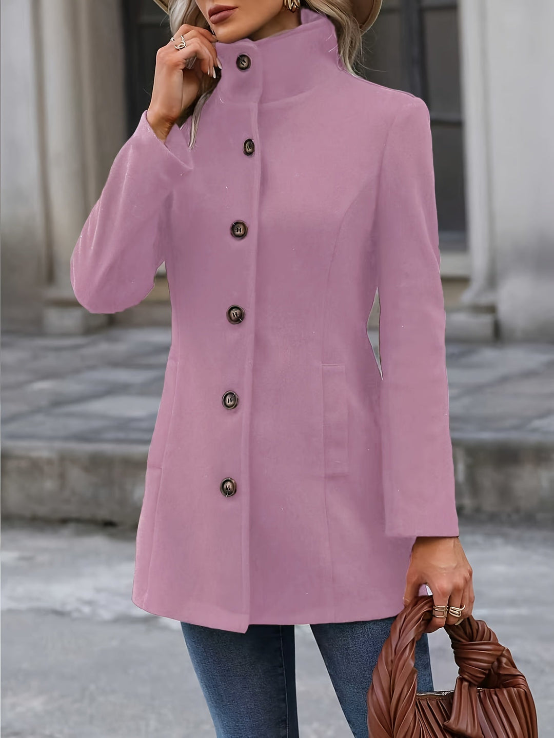 Valdine | Damen figurbetont Kurzmantel mit Knöpfen - Pink - Image 3