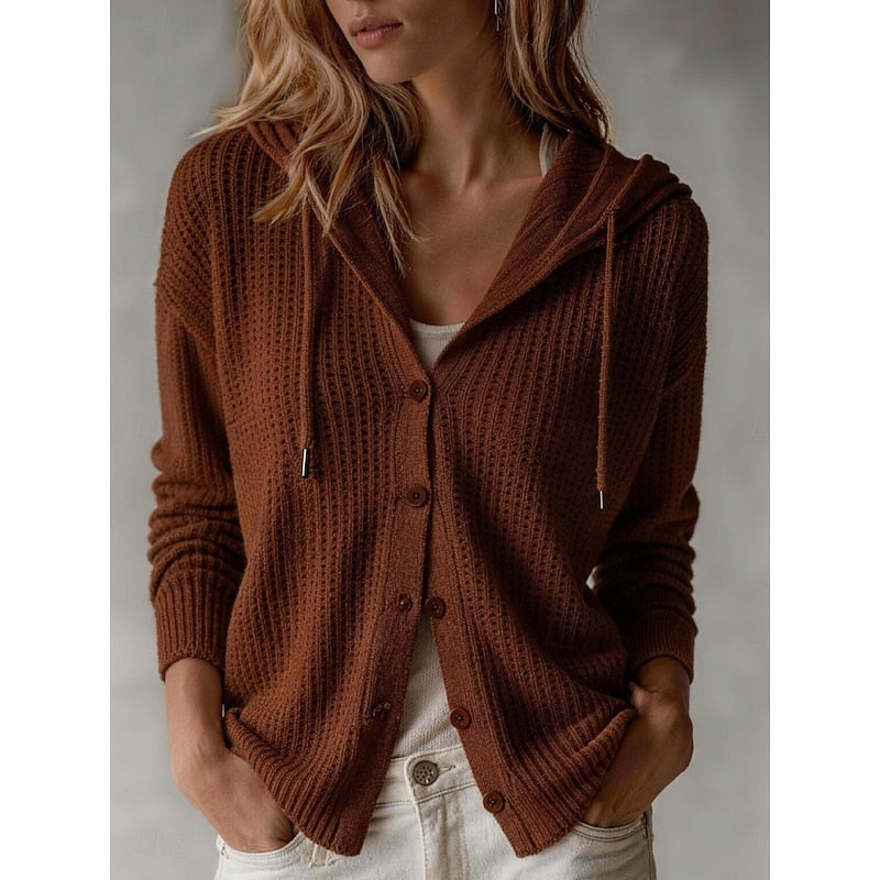 Valdine | Damen Strickjacke mit Kapuze und Knopfleiste - Brown - Image 1