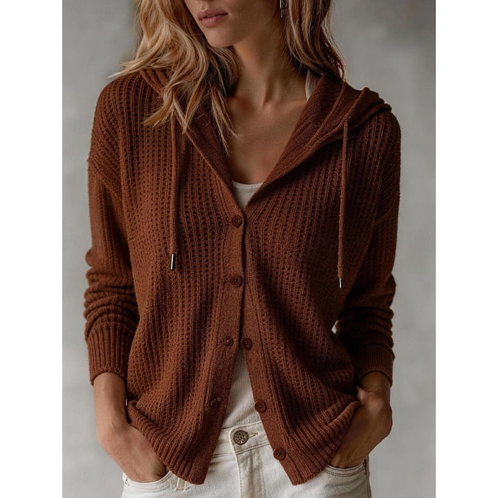 Valdine | Damen Strickjacke mit Kapuze und Knopfleiste - Brown - Image 1