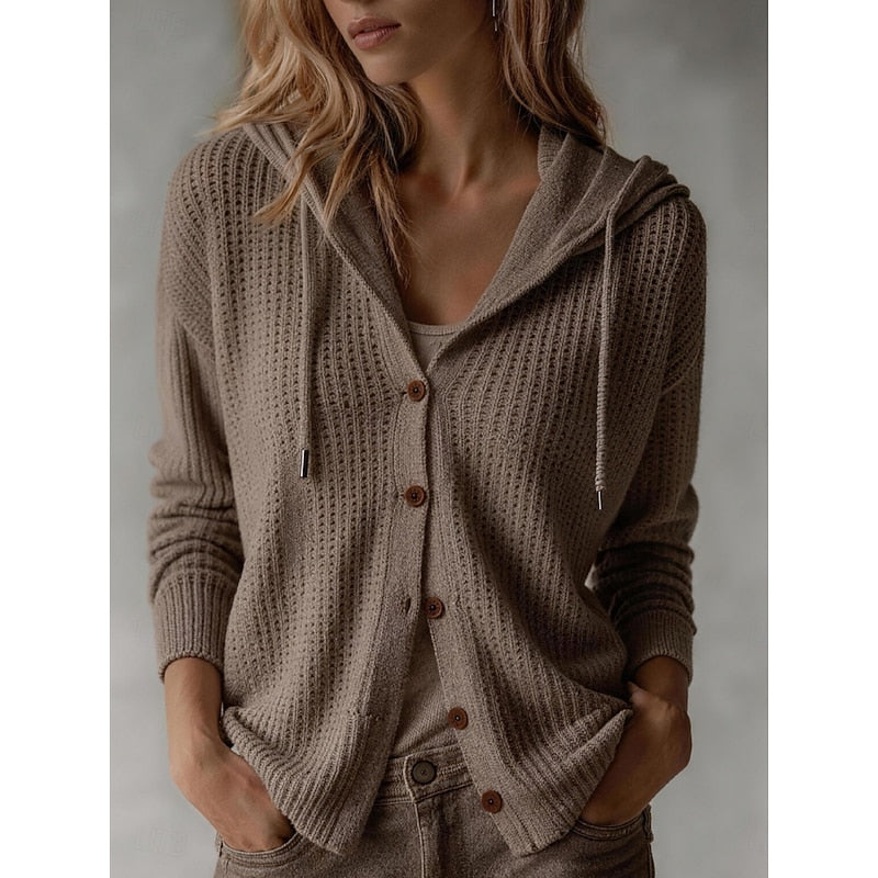 Valdine | Damen Strickjacke mit Kapuze und Knopfleiste - Brown - Image 4