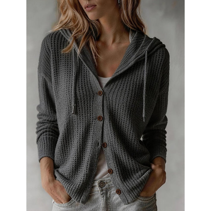 Valdine | Damen Strickjacke mit Kapuze und Knopfleiste - Brown - Image 5