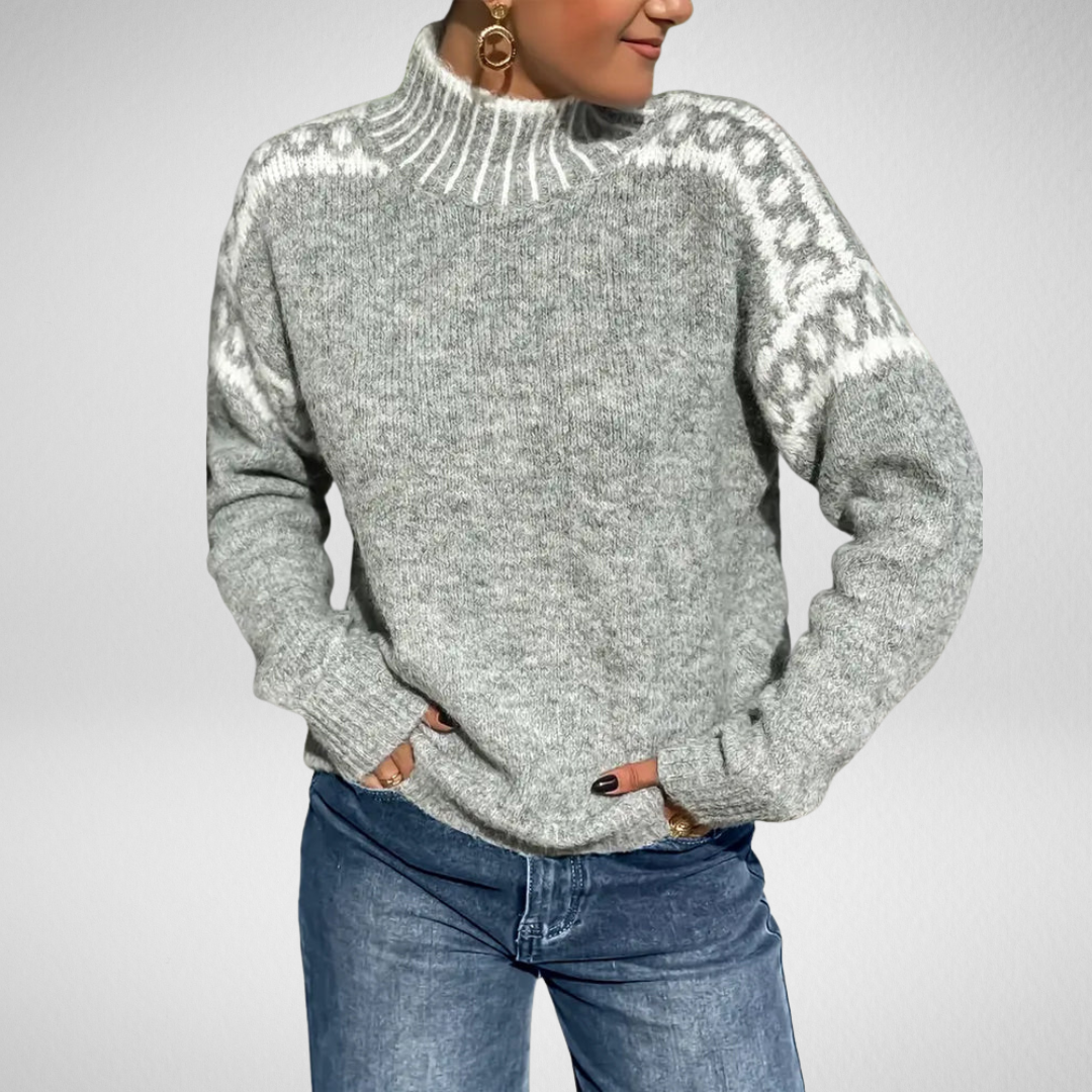 Valdrun | Damen Strickpullover Rollkragen Norwegermuster - Light Grey - Image 1