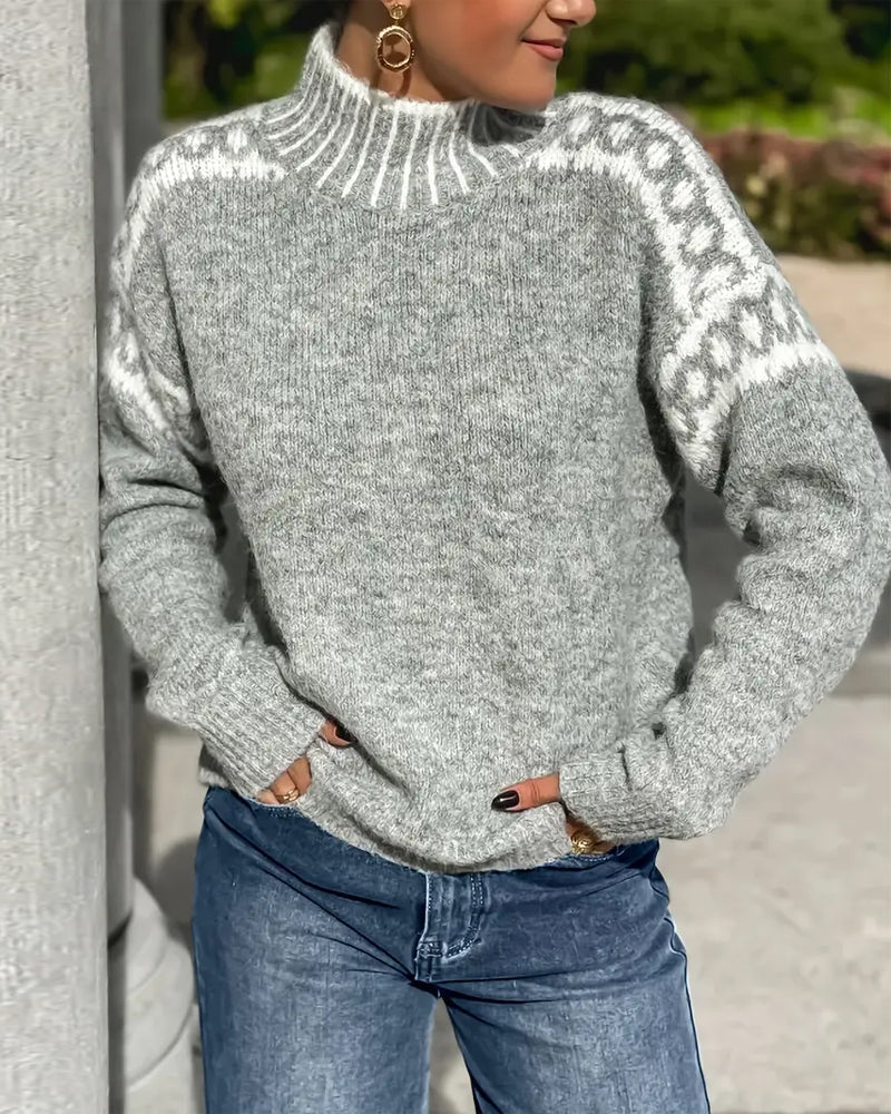 Valdrun | Damen Strickpullover Rollkragen Norwegermuster - Light Grey - Image 2