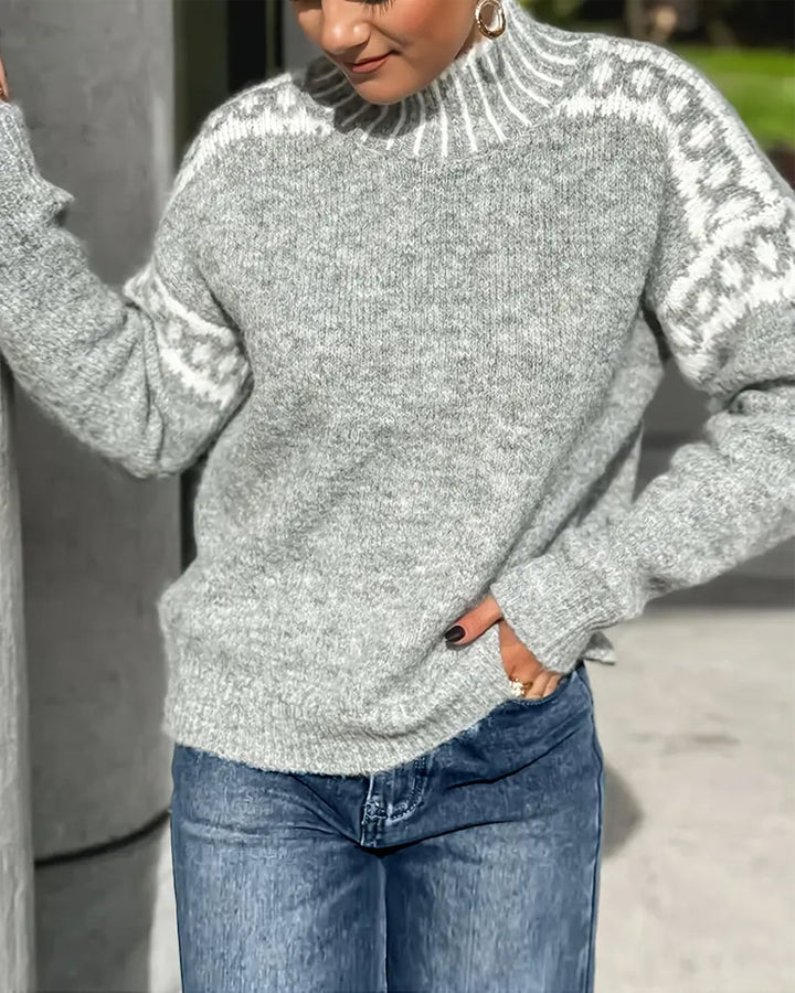 Valdrun | Damen Strickpullover Rollkragen Norwegermuster - Light Grey - Image 4