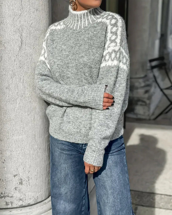 Valdrun | Damen Strickpullover Rollkragen Norwegermuster - Light Grey - Image 6