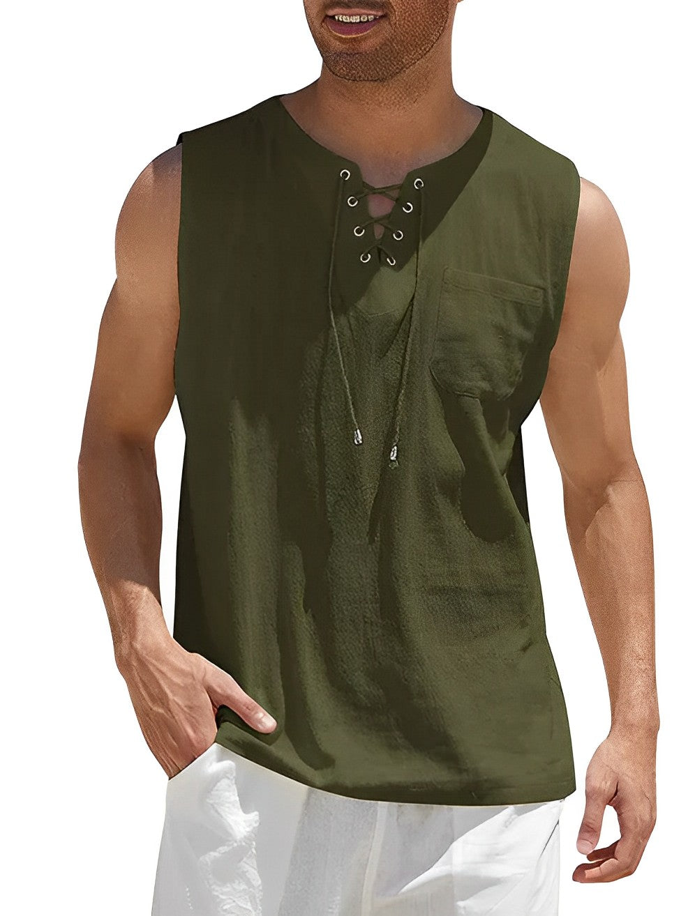 Valentin | Herren V-Ausschnitt Tank Top ärmellos - Khaki - Image 1