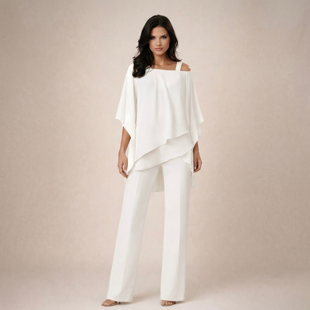 Valeria | Damen Asymmetrisches Oberteil Wide Leg Hosen Set - White - Image 1
