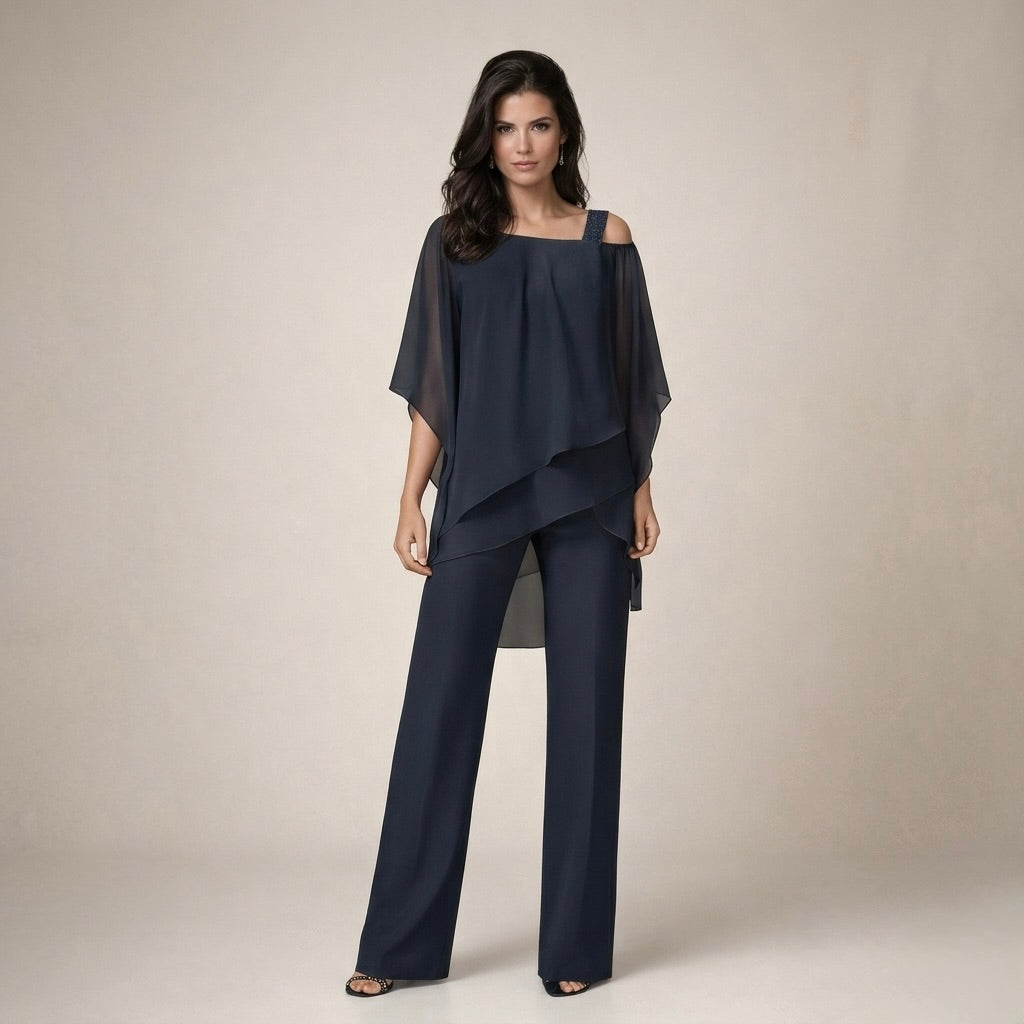 Valeria | Damen Asymmetrisches Oberteil Wide Leg Hosen Set - White - Image 4