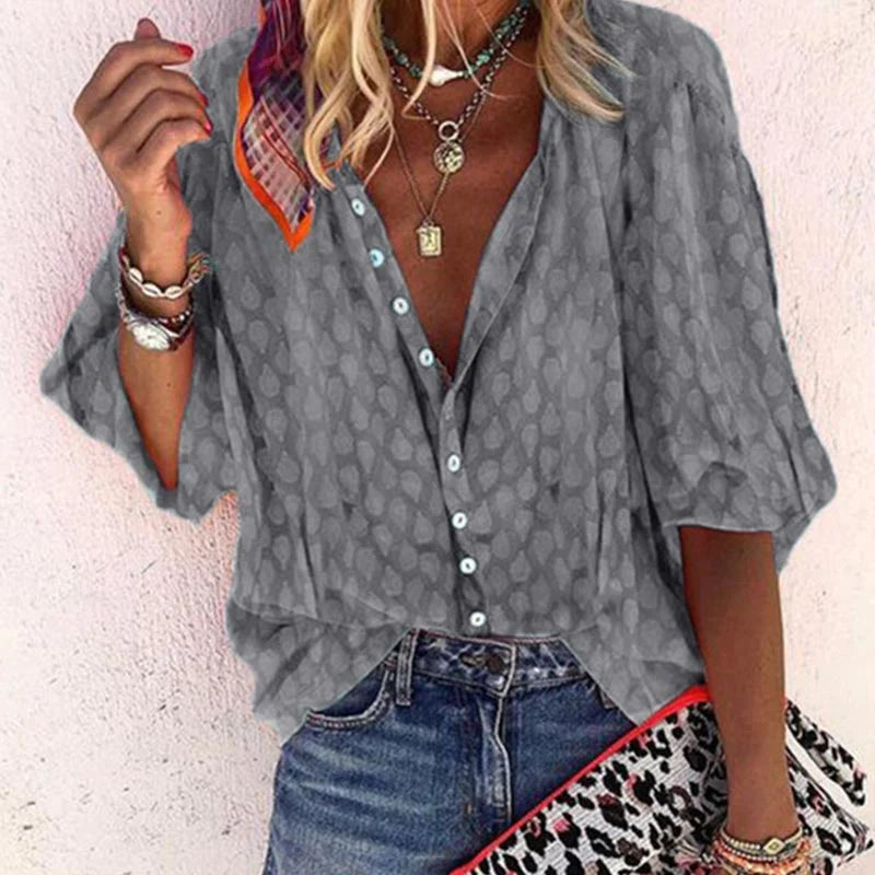 Rhea | Damen Bluse V-Ausschnitt Halbarm Gemustert Sommer
