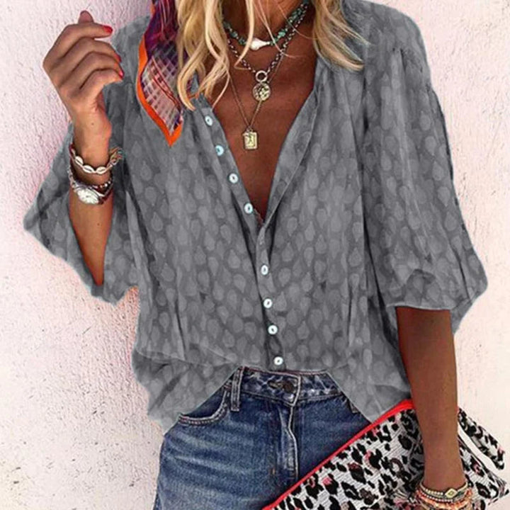 Rhea | Damen Bluse V-Ausschnitt Halbarm Gemustert Sommer