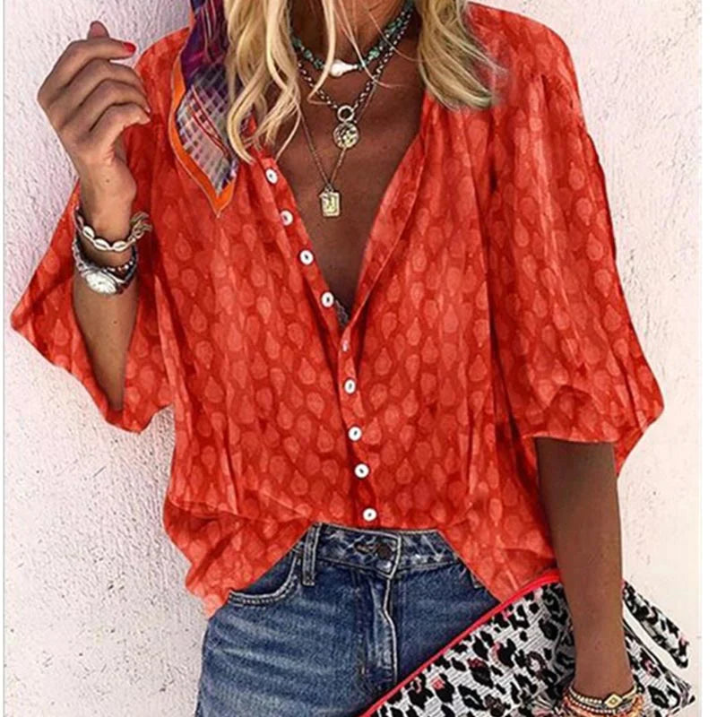 Rhea | Damen Bluse V-Ausschnitt Halbarm Gemustert Sommer