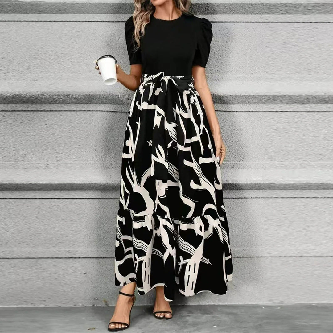 Aria | Damen Maxi-Kleid Puffärmel Blumendruck Bindegürtel