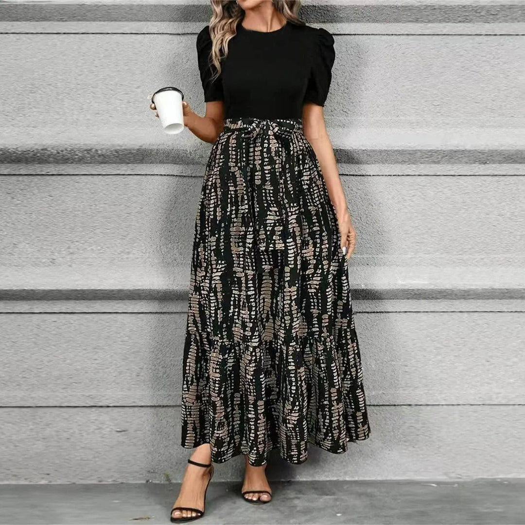 Aria | Damen Maxi-Kleid Puffärmel Blumendruck Bindegürtel