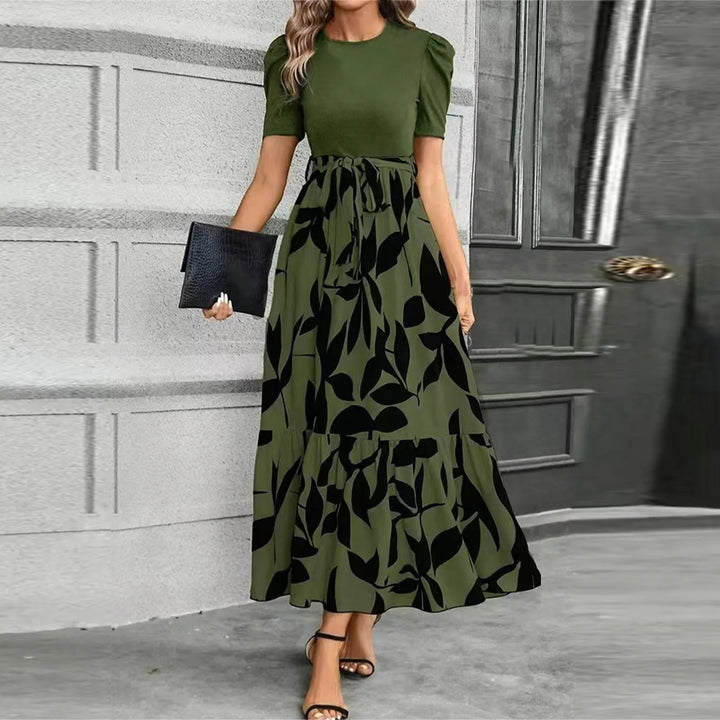 Aria | Damen Maxi-Kleid Puffärmel Blumendruck Bindegürtel