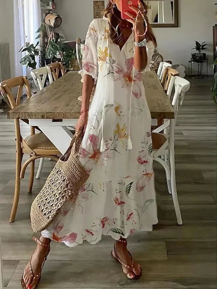 Molina | Damen Sommerkleid Maxi Blumenmuster V-Ausschnitt Langarm