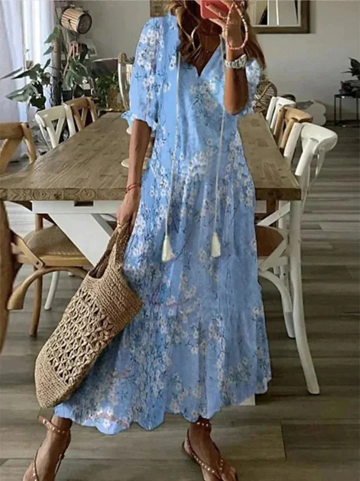 Molina | Damen Sommerkleid Maxi Blumenmuster V-Ausschnitt Langarm