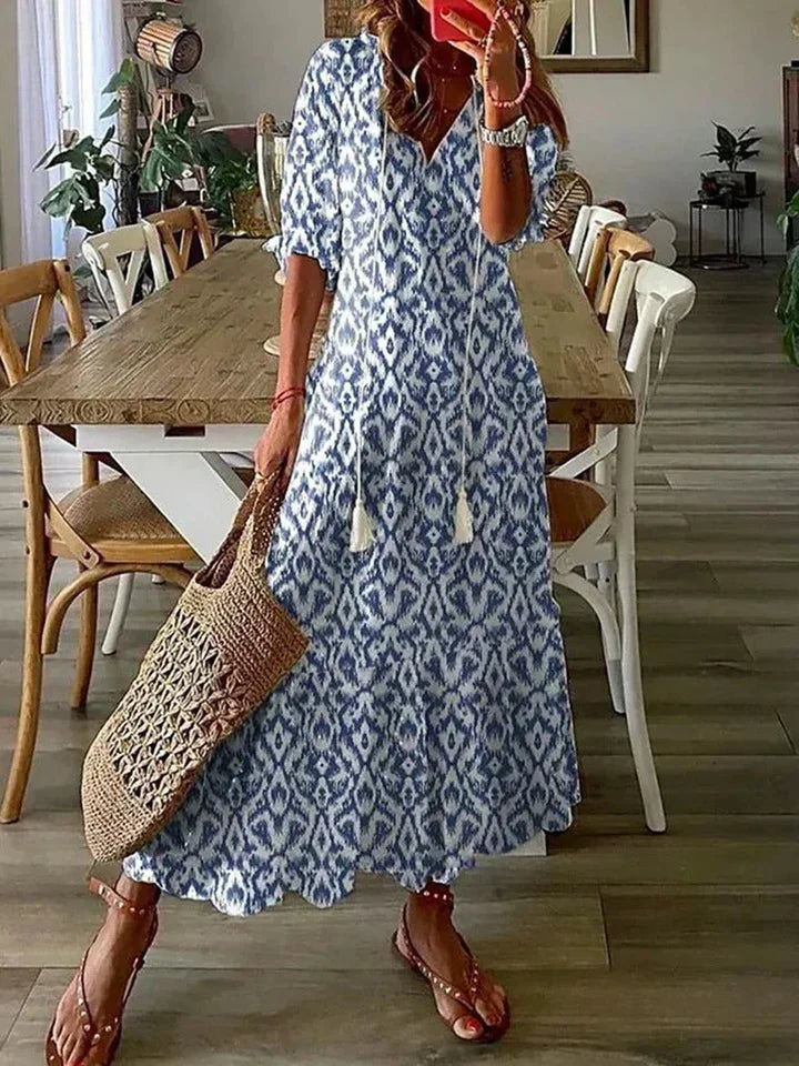 Molina | Damen Sommerkleid Maxi Blumenmuster V-Ausschnitt Langarm