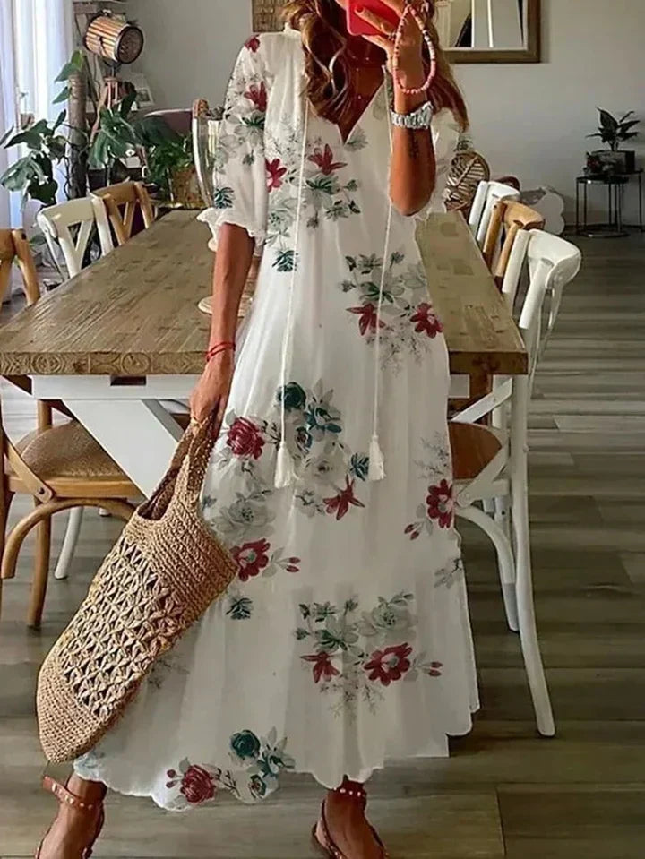 Molina | Damen Sommerkleid Maxi Blumenmuster V-Ausschnitt Langarm