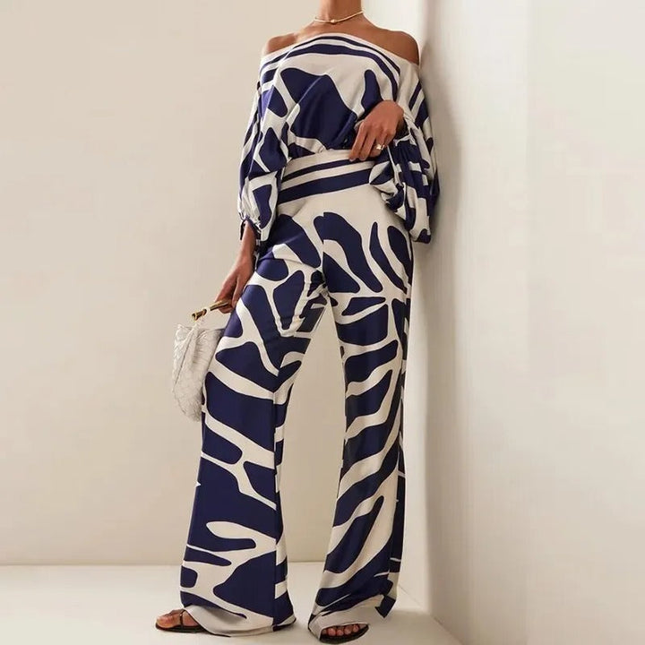 Sonia | Damen Zweiteiler Set Off-Shoulder Top Weite Hose Print