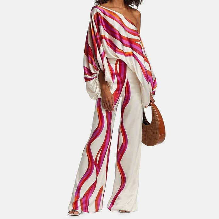 Sonia | Damen Zweiteiler Set Off-Shoulder Top Weite Hose Print