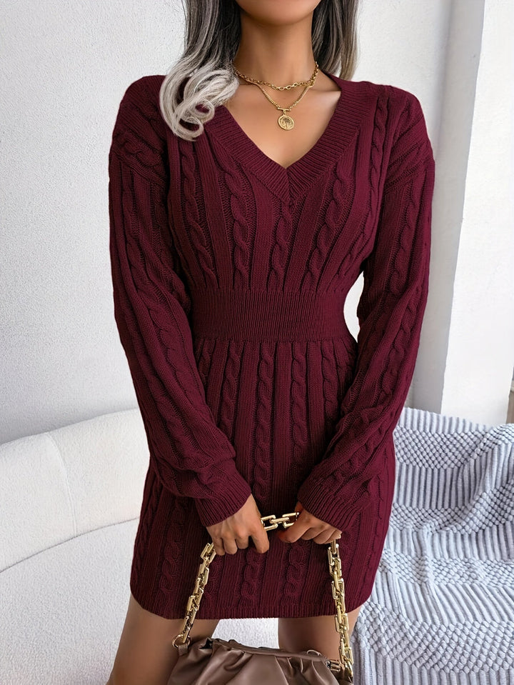 Veldra | Damen Strickkleid mit Zopfmuster Peplum - Burgundy - Image 2
