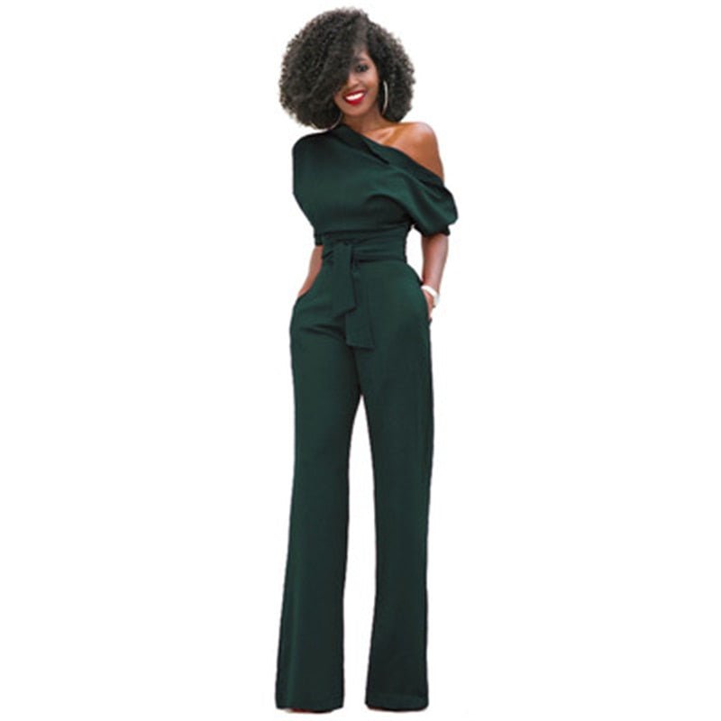 Veronica | Damen One Shoulder Weites Bein Jumpsuit - Red - Image 3