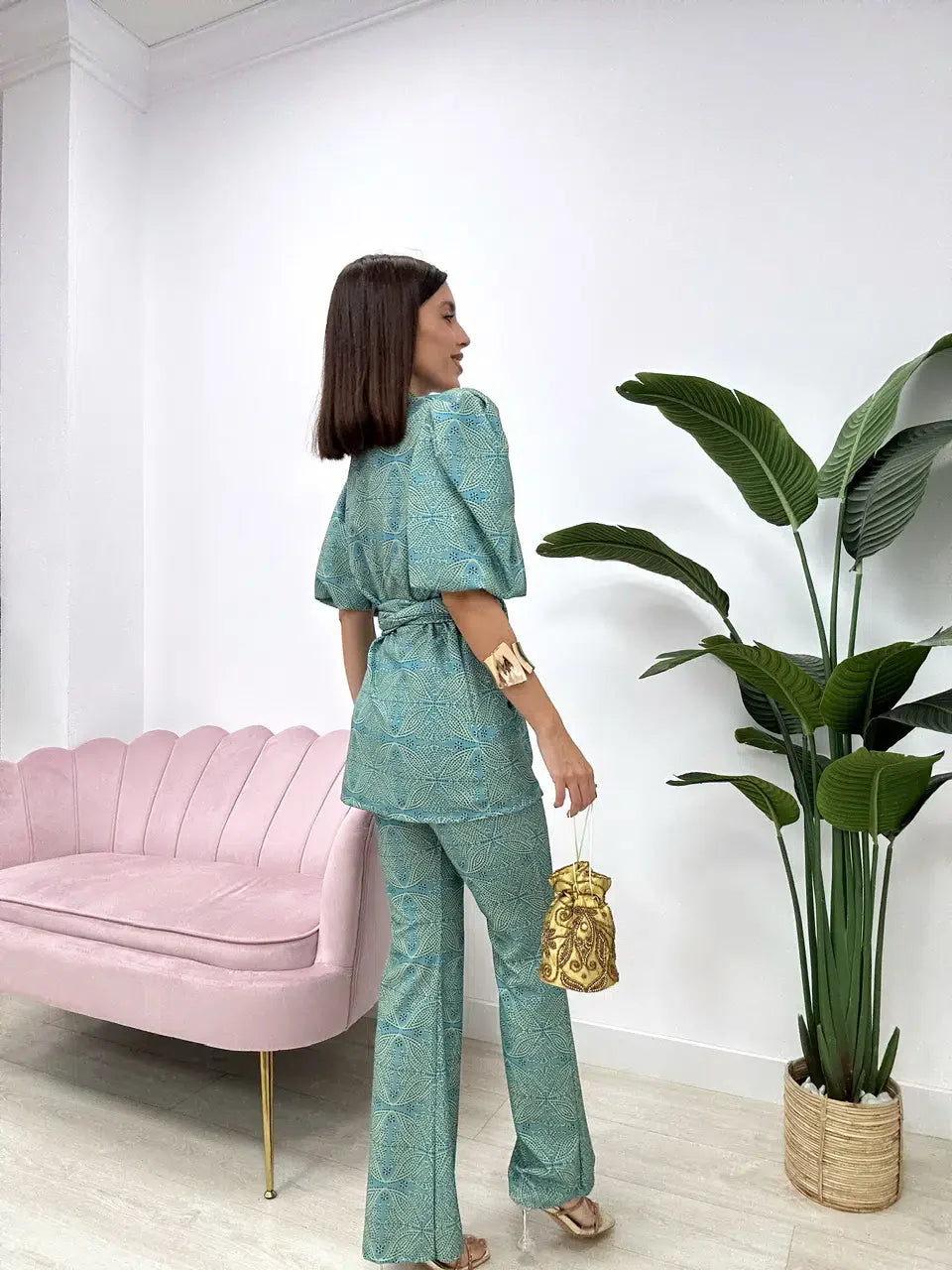 Vesna | Damen Zweiteiler Gemustert Puffärmel Weites Bein - Teal - Image 5