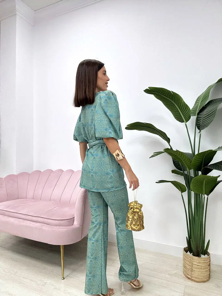 Vesna | Damen Zweiteiler Gemustert Puffärmel Weites Bein - Teal - Image 5