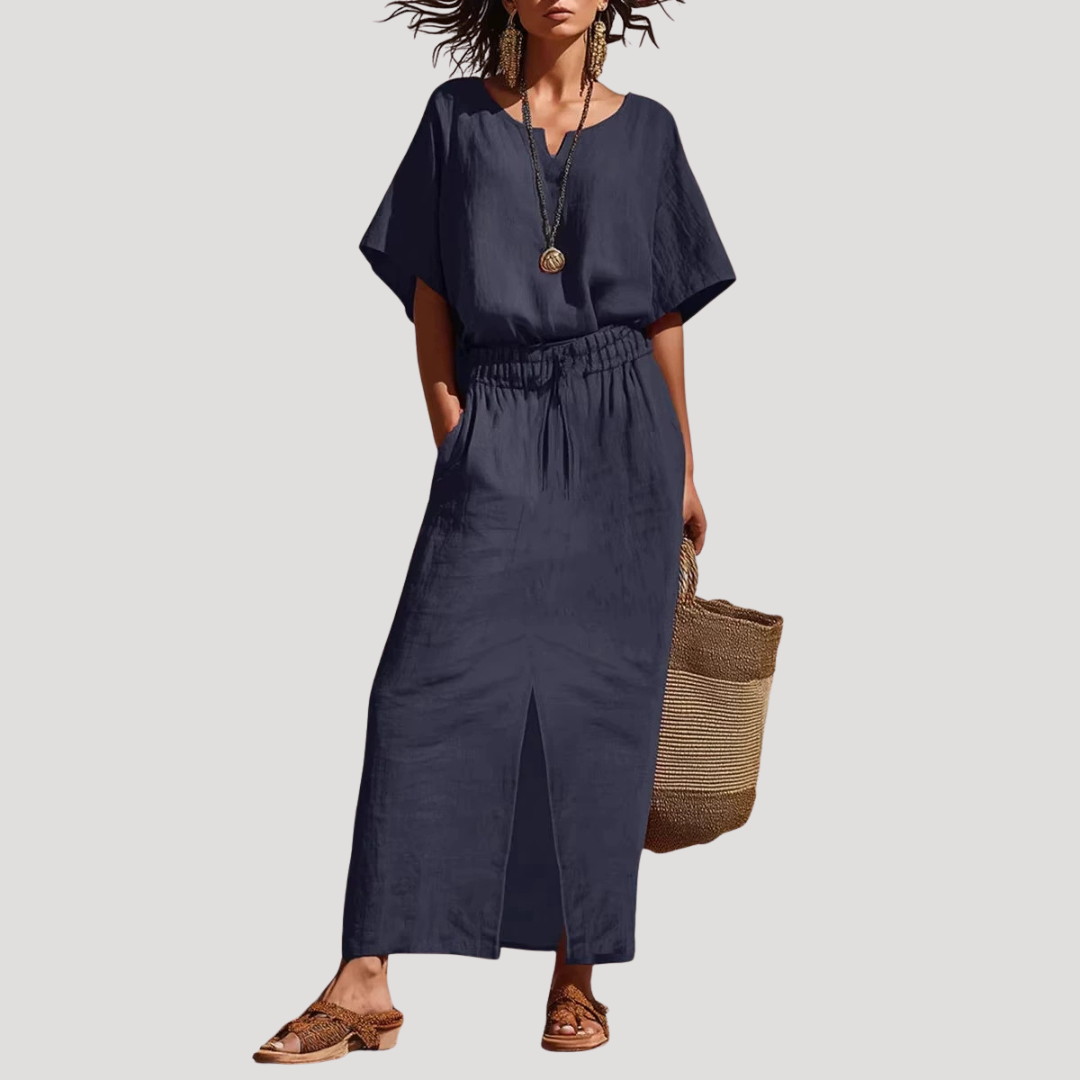 Vespera | Damen Zweiteiler Rock und Oberteil Midi Set - Navy - Image 1